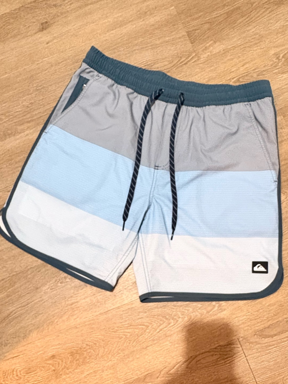 Quiksilver Men's Light Blue, Gray & White Striped Swim Trunks